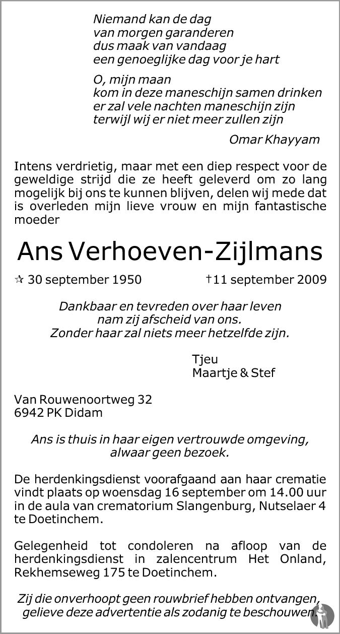 Ans Verhoeven - Zijlmans 11-09-2009 overlijdensbericht en condoleances ...