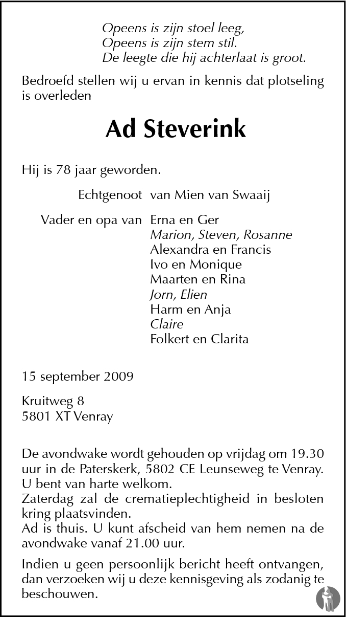 Ad Steverink 15-09-2009 overlijdensbericht en condoleances - Mensenlinq.nl
