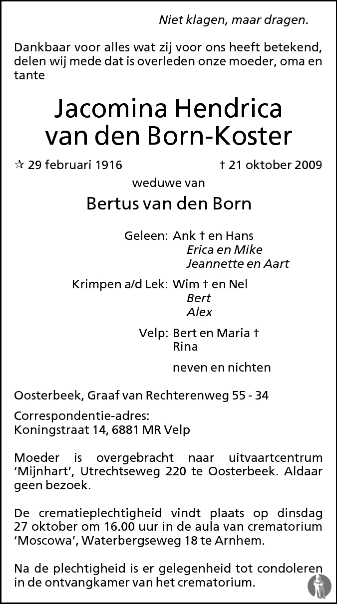 Hendrica van den Born Koster 21102009 overlijdensbericht