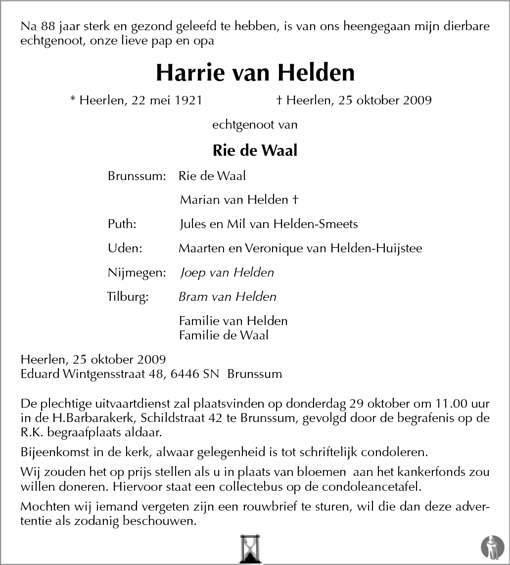 Harrie van Helden 25102009 overlijdensbericht en