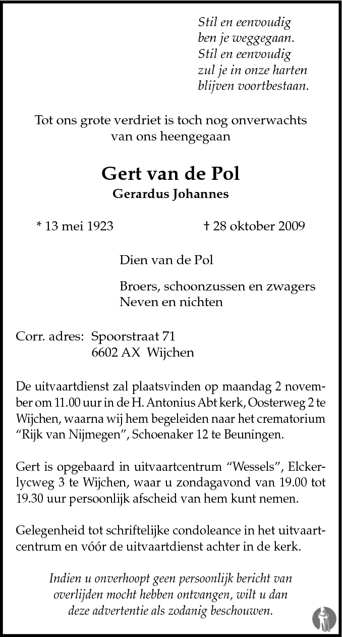 Gerardus Johannes (Gert) Van De Pol 28-10-2009 Overlijdensbericht En ...