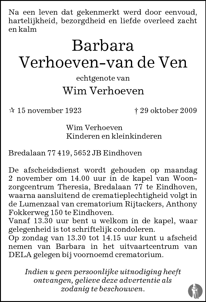 Barbara Verhoeven van de Ven 29102009 overlijdensbericht en