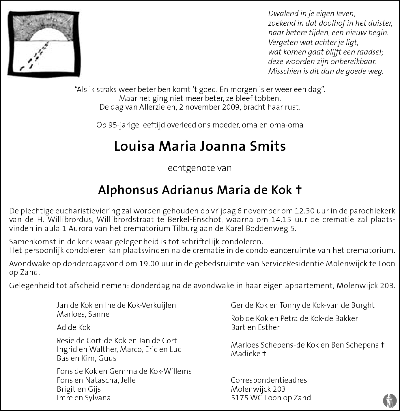 Louisa Maria Joanna de Kok Smits 02112009 overlijdensbericht en
