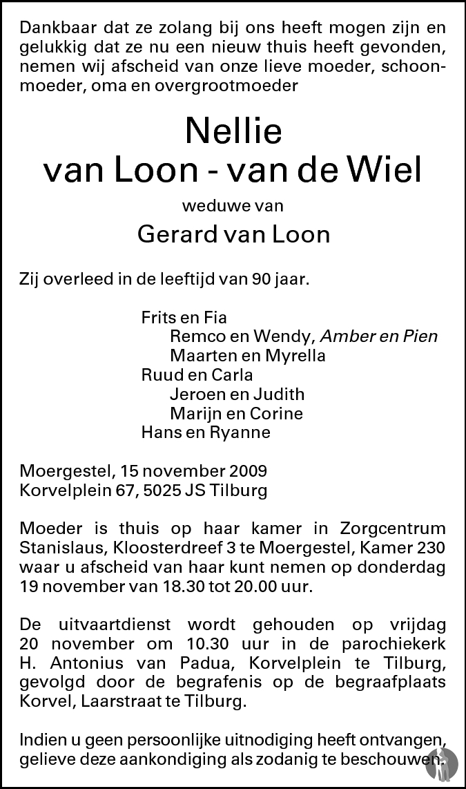 Overlijdensbericht van Nellie van Loon - van de Wiel in Brabants Dagblad
