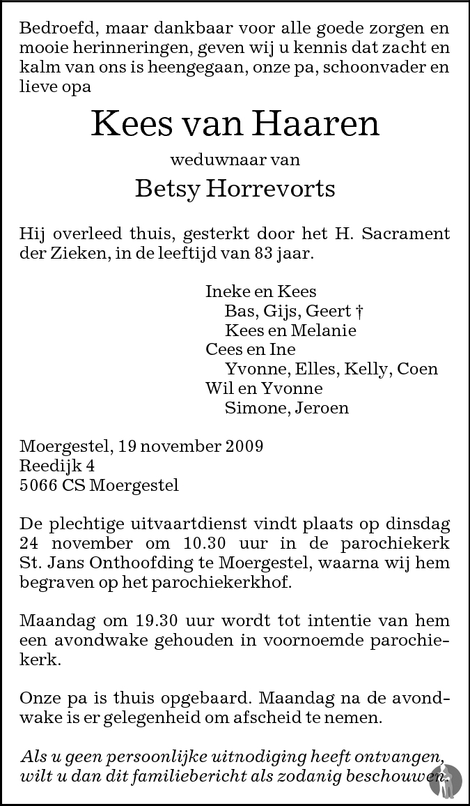 Overlijdensbericht van Kees van Haaren in Brabants Dagblad