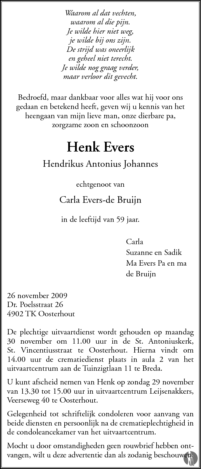 Hendrikus Antonius Johannes Henk Evers Overlijdensbericht En Condoleances