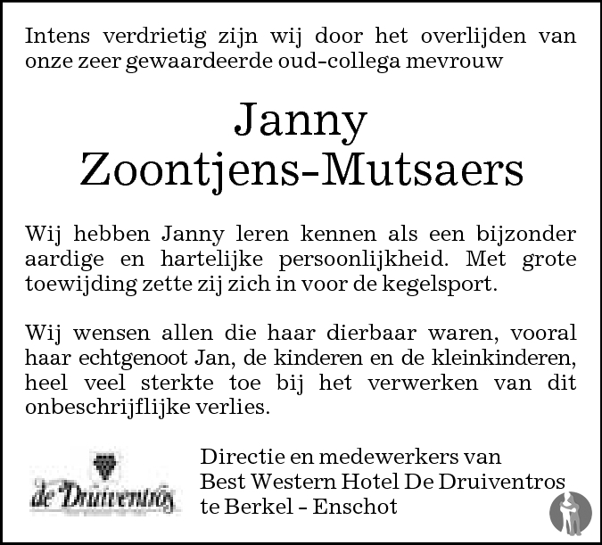 Overlijdensbericht van Janny  Zoontjens - Mutsaers in Brabants Dagblad