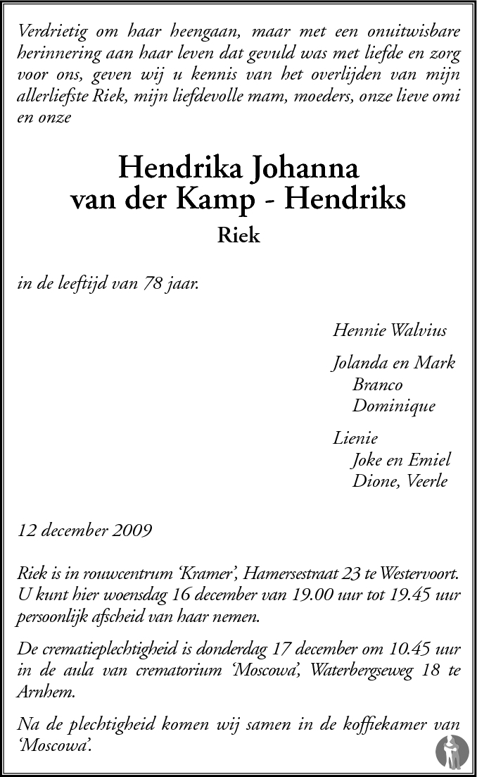 Hendrika Johanna (Riek) van der Kamp Hendriks 12122009