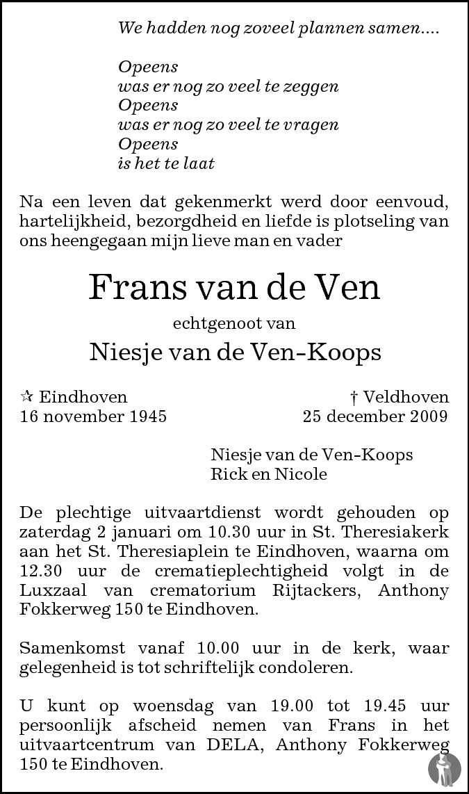 Frans van de Ven 25122009 overlijdensbericht