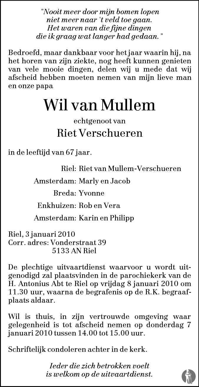 Wil van Mullem 03012010 overlijdensbericht en condoleances
