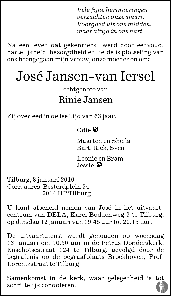 José Jansen - van Iersel 08-01-2010 overlijdensbericht en condoleances ...