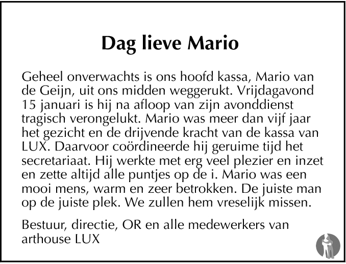 Overlijdensbericht van Mario van de Geijn in de Gelderlander