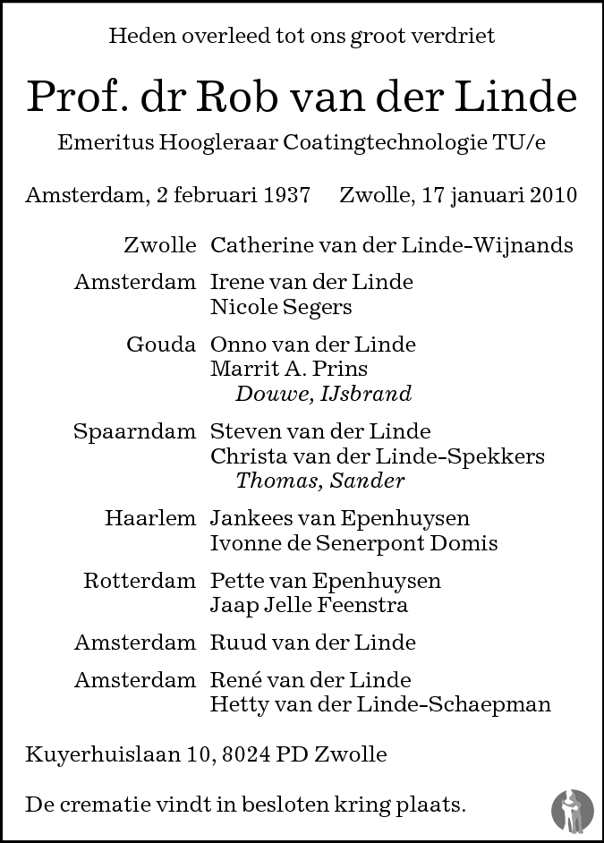 Prof. dr. Rob van der Linde 17012010 overlijdensbericht en condoleances