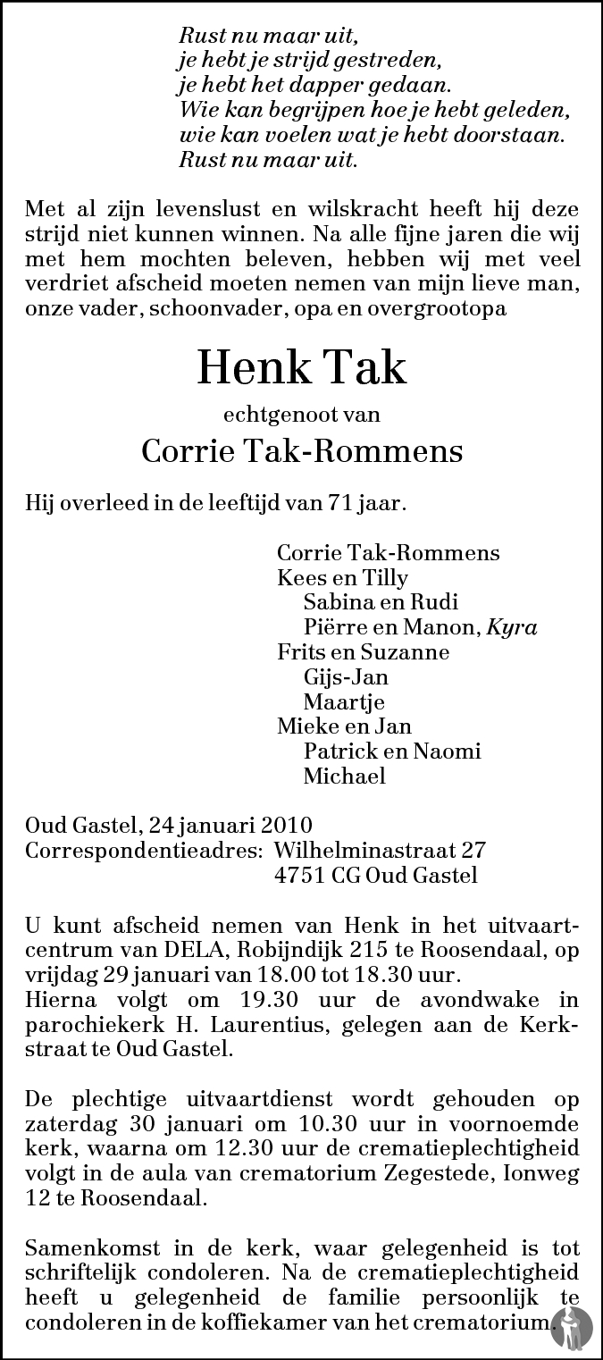 Henk Tak 24012010 overlijdensbericht en condoleances Mensenlinq.nl