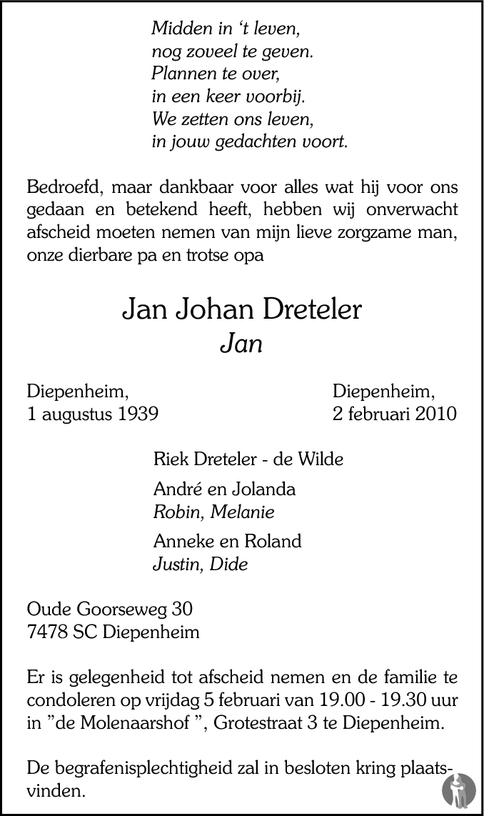 Jan Johan (Jan) Dreteler 02-02-2010 overlijdensbericht en condoleances ...