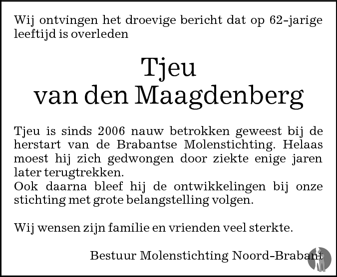 Overlijdensbericht van Tjeu van den Maagdenberg in Brabants Dagblad