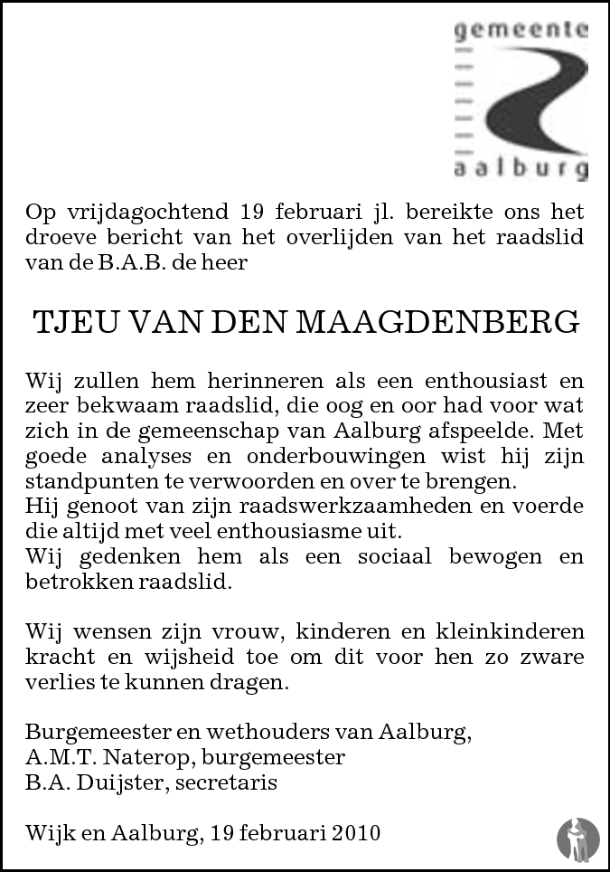 Overlijdensbericht van Tjeu van den Maagdenberg in Brabants Dagblad