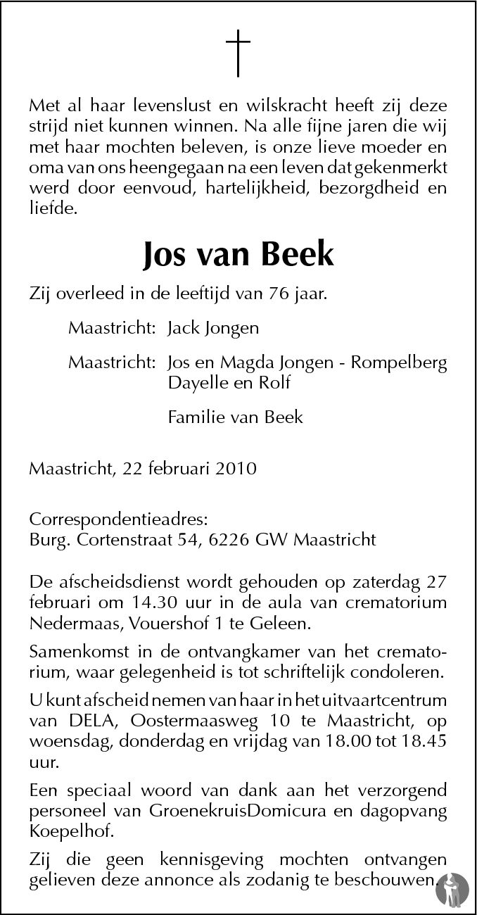 Jos Van Beek 22 02 2010 Overlijdensbericht En Condoleances Mensenlinq Nl