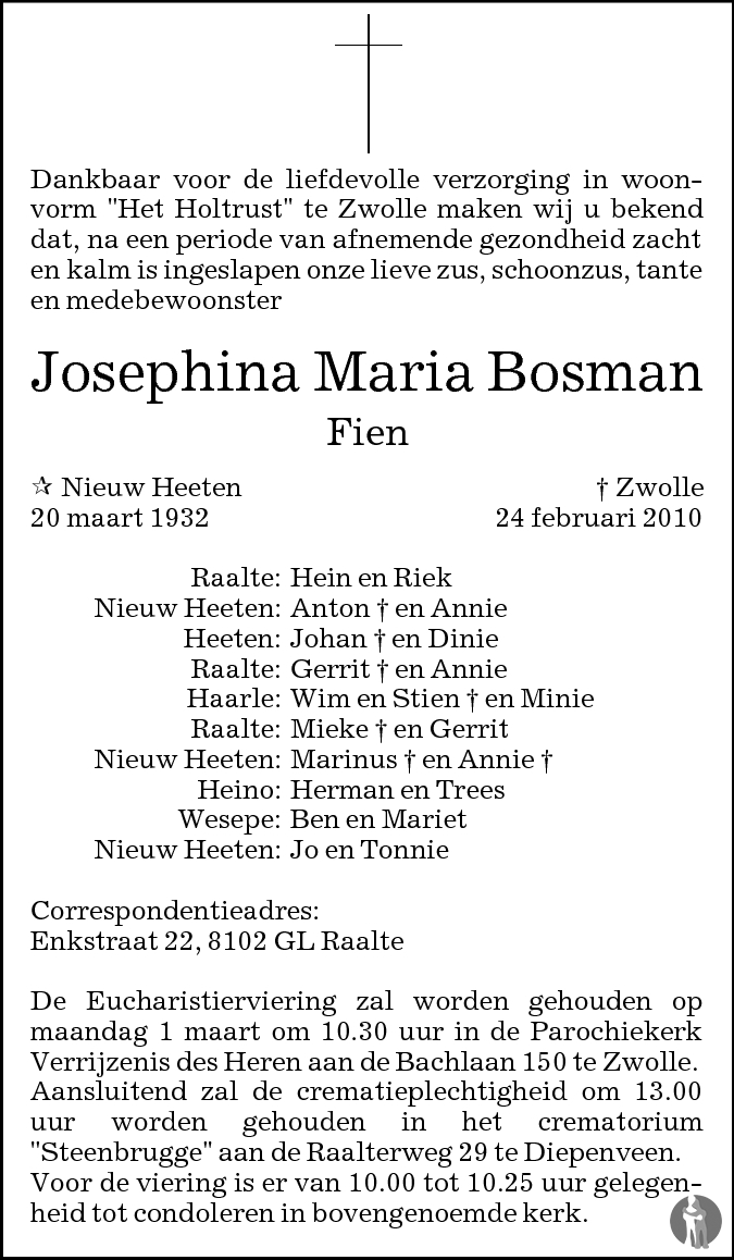 Overlijdensbericht van Josephina Maria (Fien)  Bosman in de Stentor