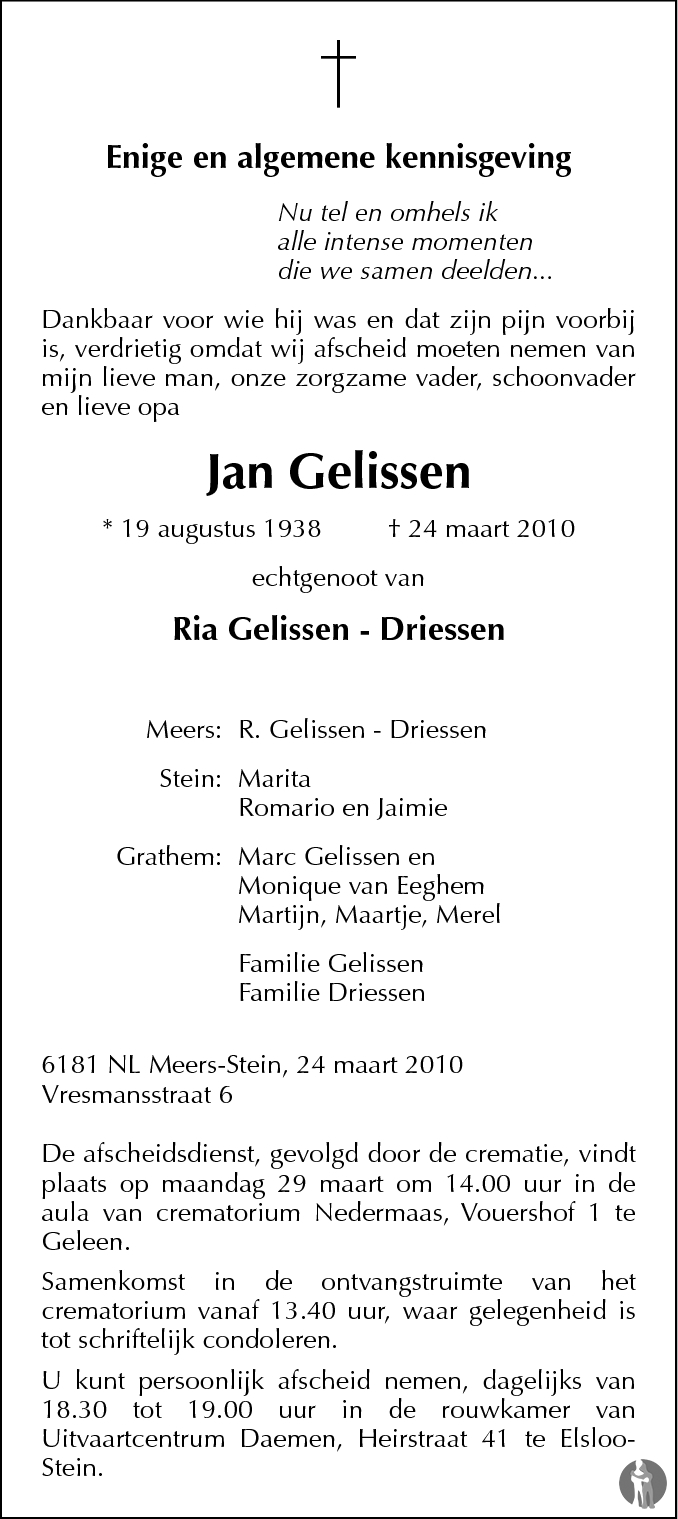 Jan Gelissen 24032010 overlijdensbericht en condoleances Mensenlinq.nl