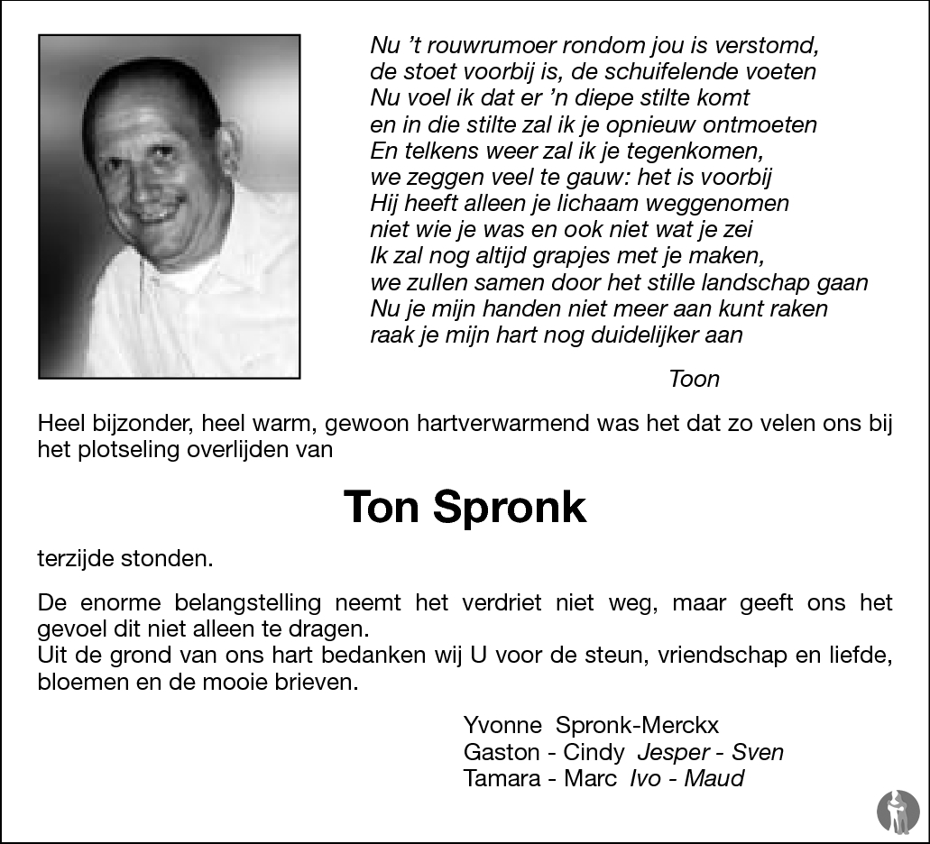 Ton Spronk 19-02-2010 overlijdensbericht en condoleances - Mensenlinq.nl