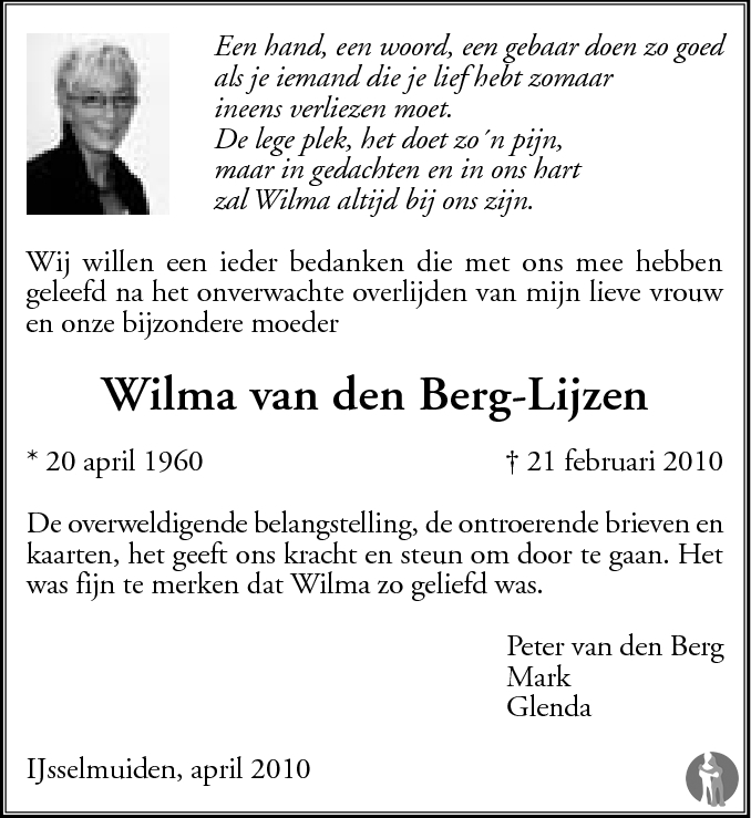 Wilma van den Berg Lijzen 21022010 overlijdensbericht en