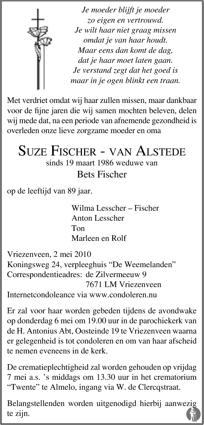 Suze Fischer van Alstede 02052010 overlijdensbericht en