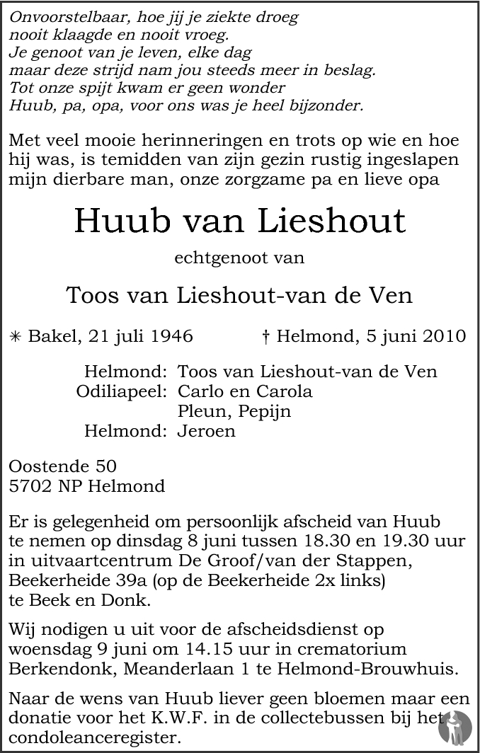 James Dyson Met pensioen gaan Omhoog gaan Huub van Lieshout ✝ 05-06-2010 overlijdensbericht en condoleances -  Mensenlinq.nl