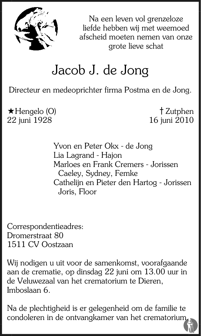 Overlijdensbericht van Jacob J. de Jong in de Stentor