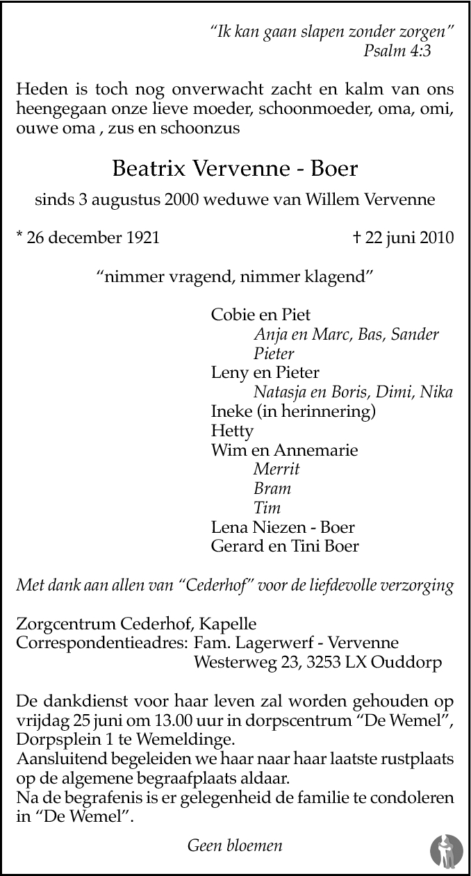 Beatrix Wegener Beatrix Vervenne - Boer 22-06-2010 overlijdensbericht en condoleances ...