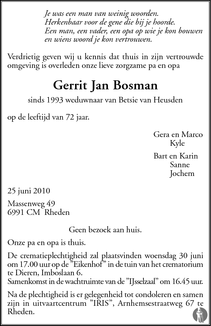 Gerrit Jan Bosman 25-06-2010 overlijdensbericht en condoleances ...