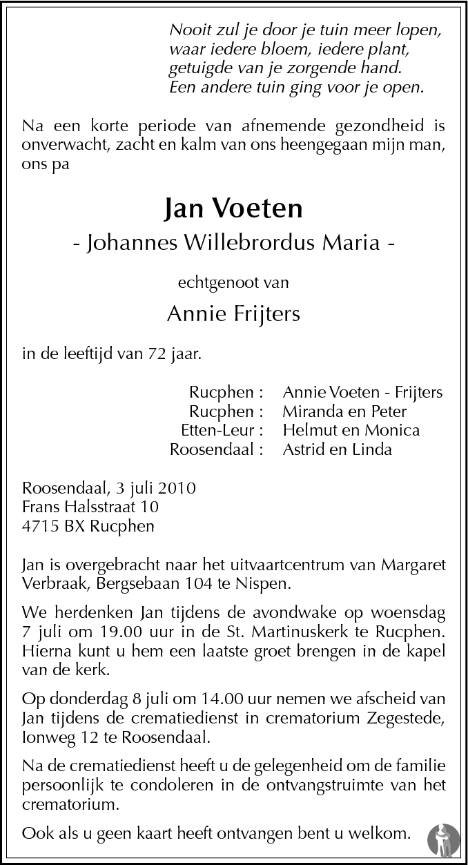 Johannes Willebrordus Maria (Jan) Voeten 03-07-2010 overlijdensbericht ...