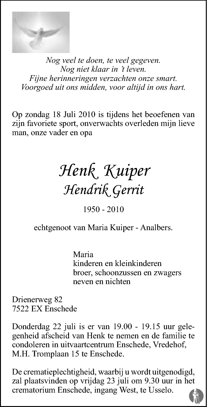 Hendrik Gerrit Henk Kuiper Overlijdensbericht En Condoleances Mensenlinq Nl