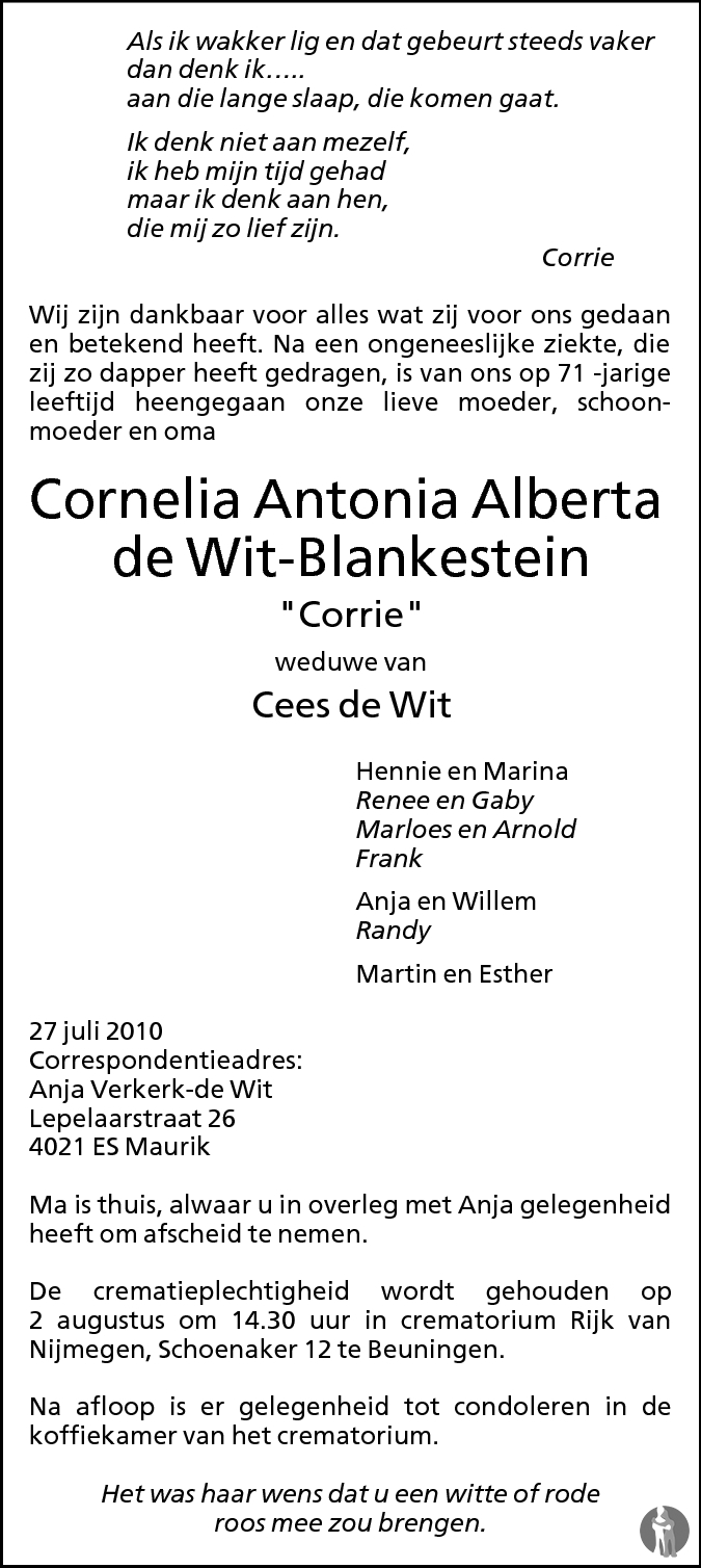 Overlijdensbericht van Cornelia Antonia Alberta (Corrie) de Wit - Blankestein in de Gelderlander