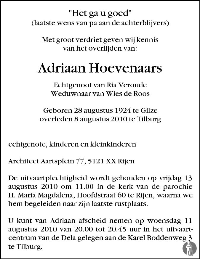 Adriaan Hoevenaars 08-08-2010 overlijdensbericht en condoleances ...