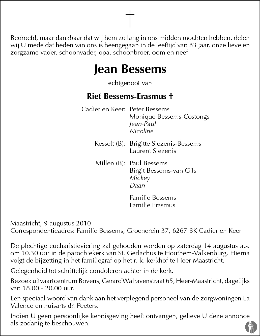 Jean Bessems 09082010 overlijdensbericht en condoleances Mensenlinq.nl