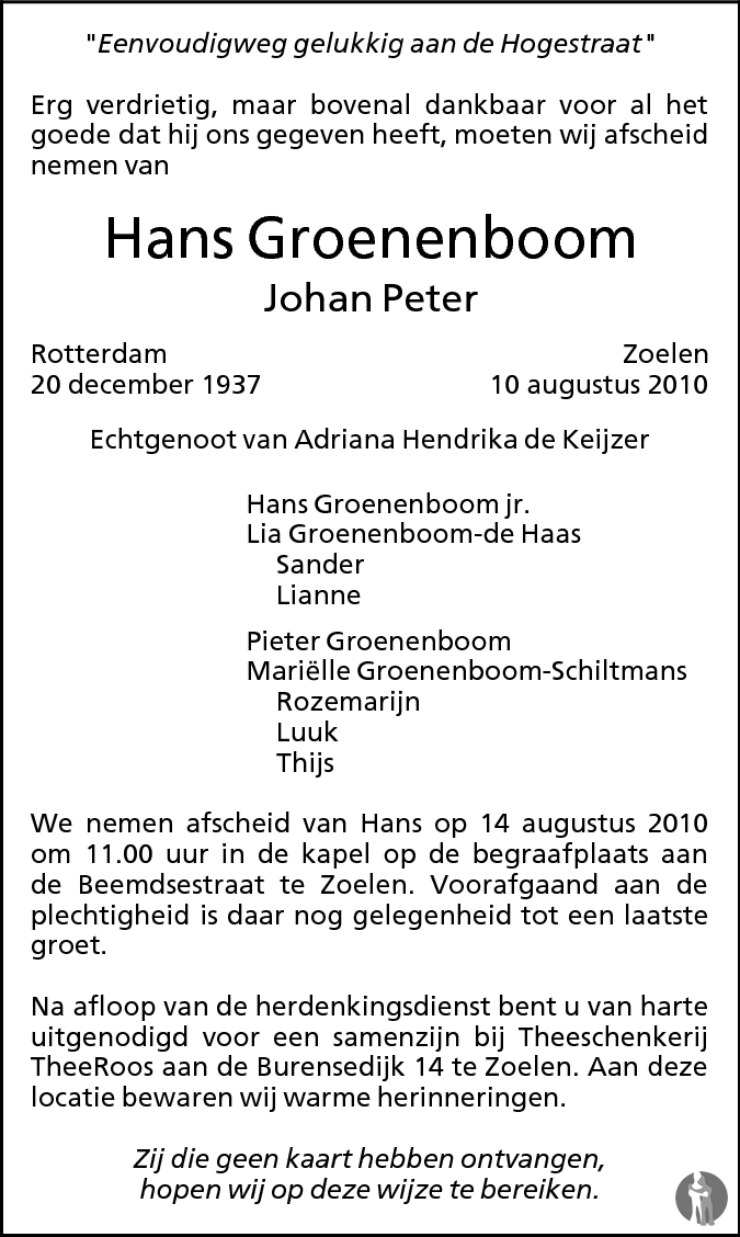 Johan Peter (Hans) Groenenboom 10-08-2010 overlijdensbericht en ...