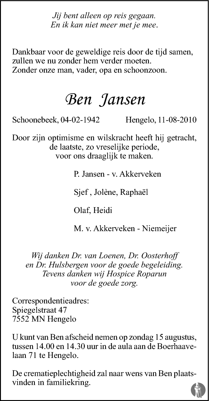 Ben Jansen 11-08-2010 overlijdensbericht en condoleances - Mensenlinq.nl