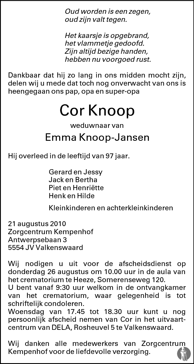 Cor Knoop 21082010 overlijdensbericht en condoleances Mensenlinq.nl