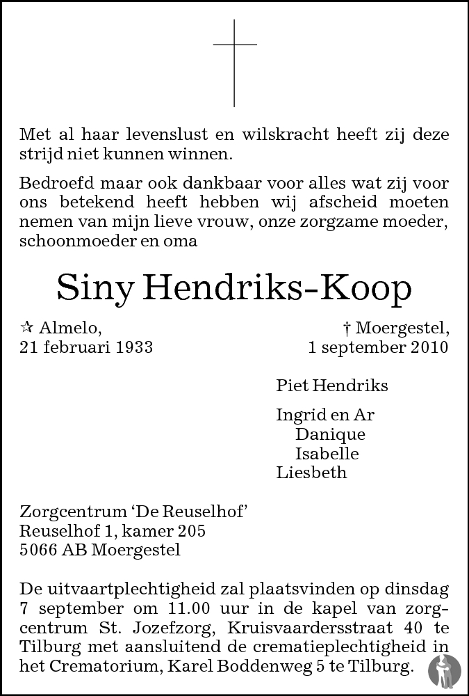 Overlijdensbericht van Siny  Hendriks - Koop in Brabants Dagblad