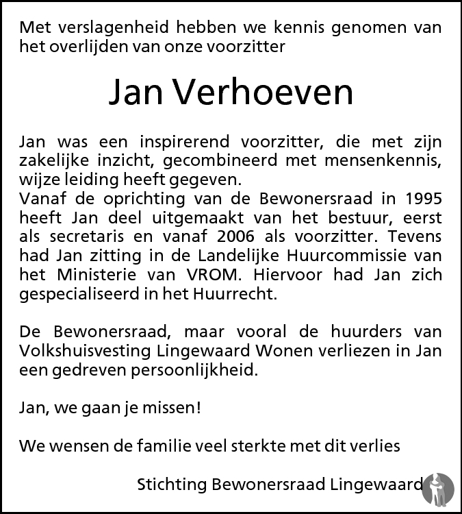 Jan Verhoeven 03-09-2010 overlijdensbericht en condoleances - Mensenlinq.nl