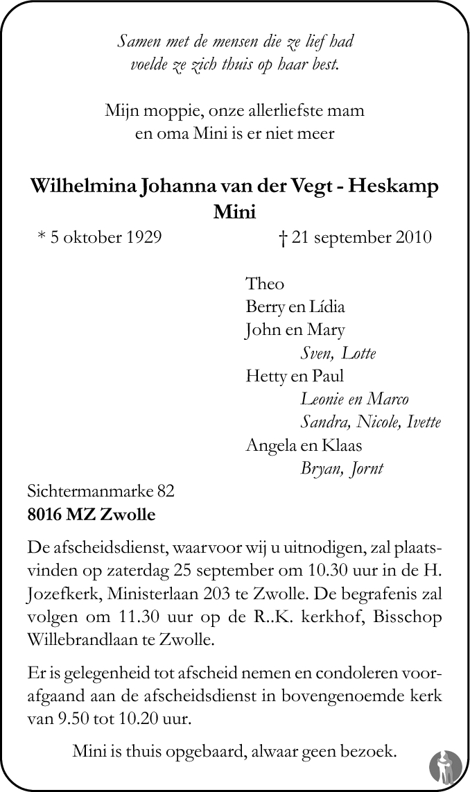 Wilhelmina Johanna (Mini) van der Vegt - Heskamp 21-09-2010 ...