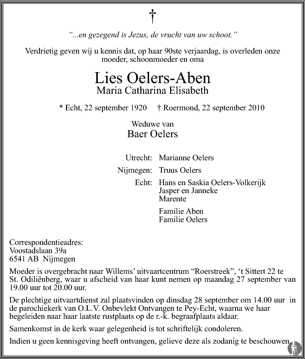 Overlijdensbericht van Maria Catharina Elisabeth (Lies) Oelers - Aben in De Limburger