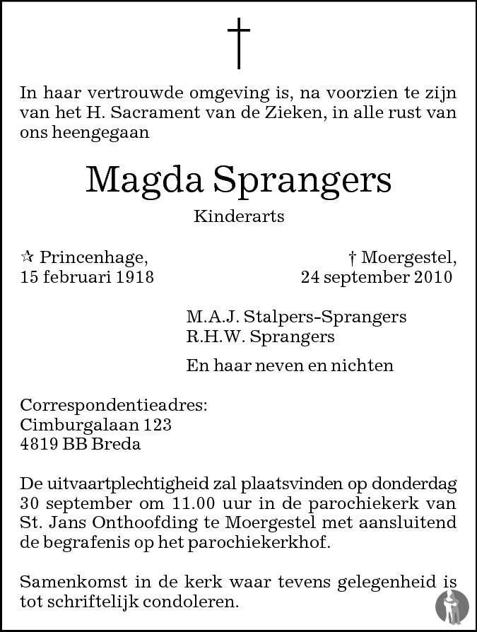 Overlijdensbericht van Magda Sprangers in Brabants Dagblad