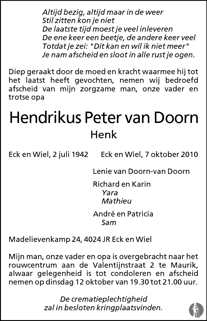 Hendrikus Peter (Henk) van Doorn 07-10-2010 overlijdensbericht en ...
