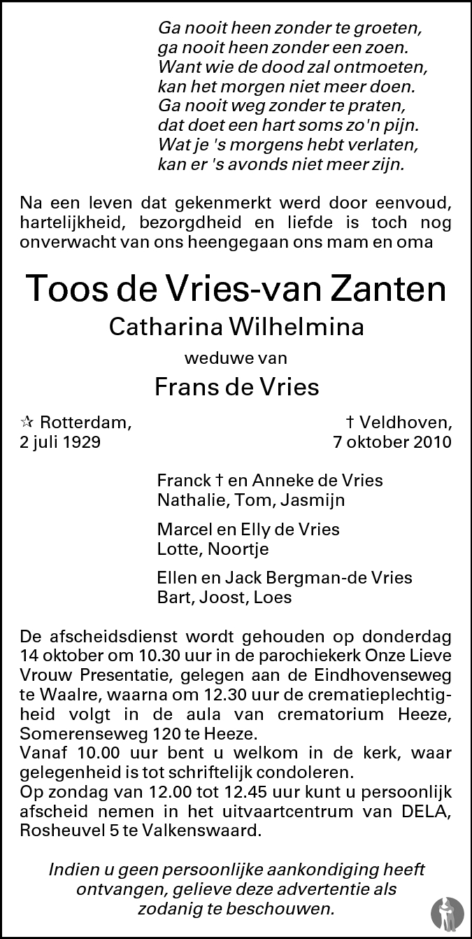 Catharina Wilhelmina (Toos) de Vries - van Zanten 07-10-2010 ...