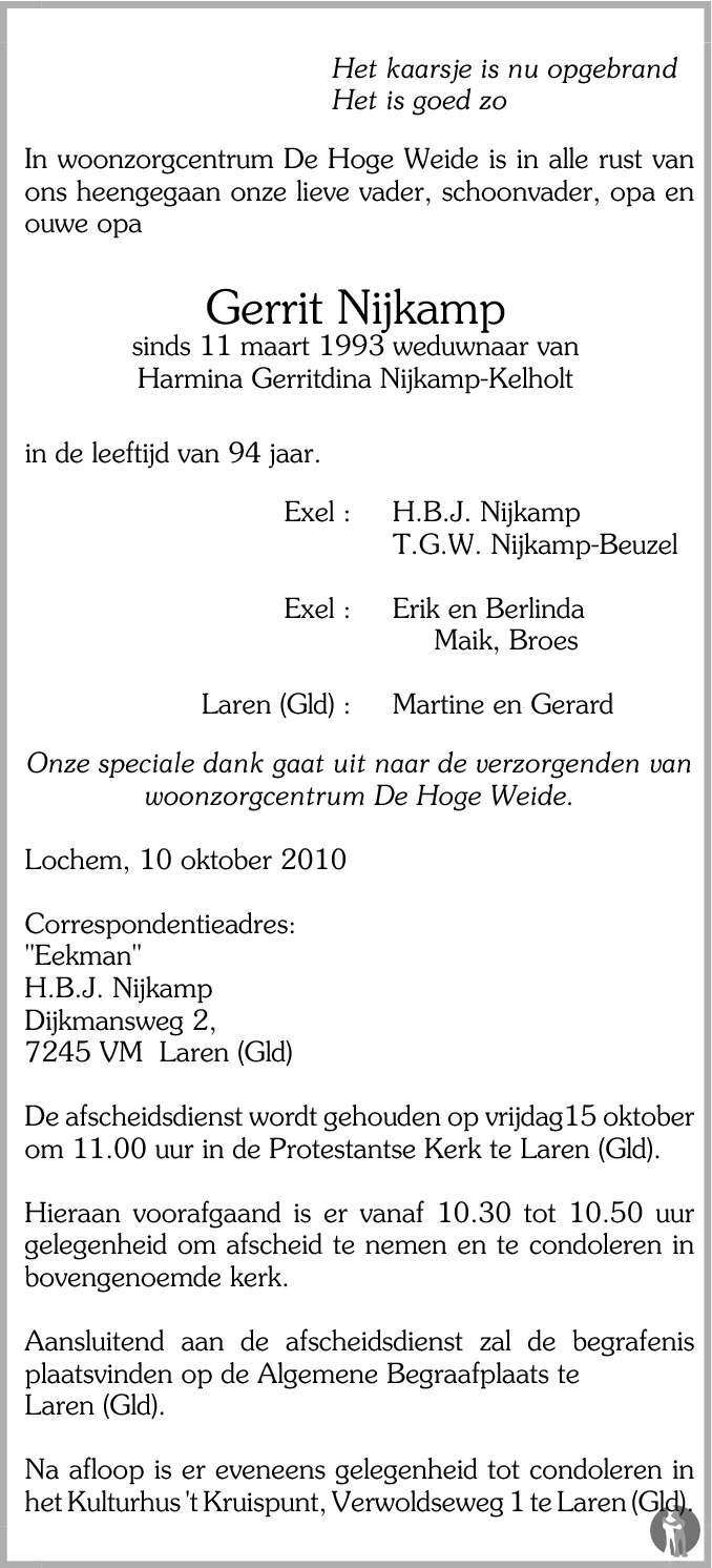 Gerrit Nijkamp 10-10-2010 Overlijdensbericht En Condoleances 