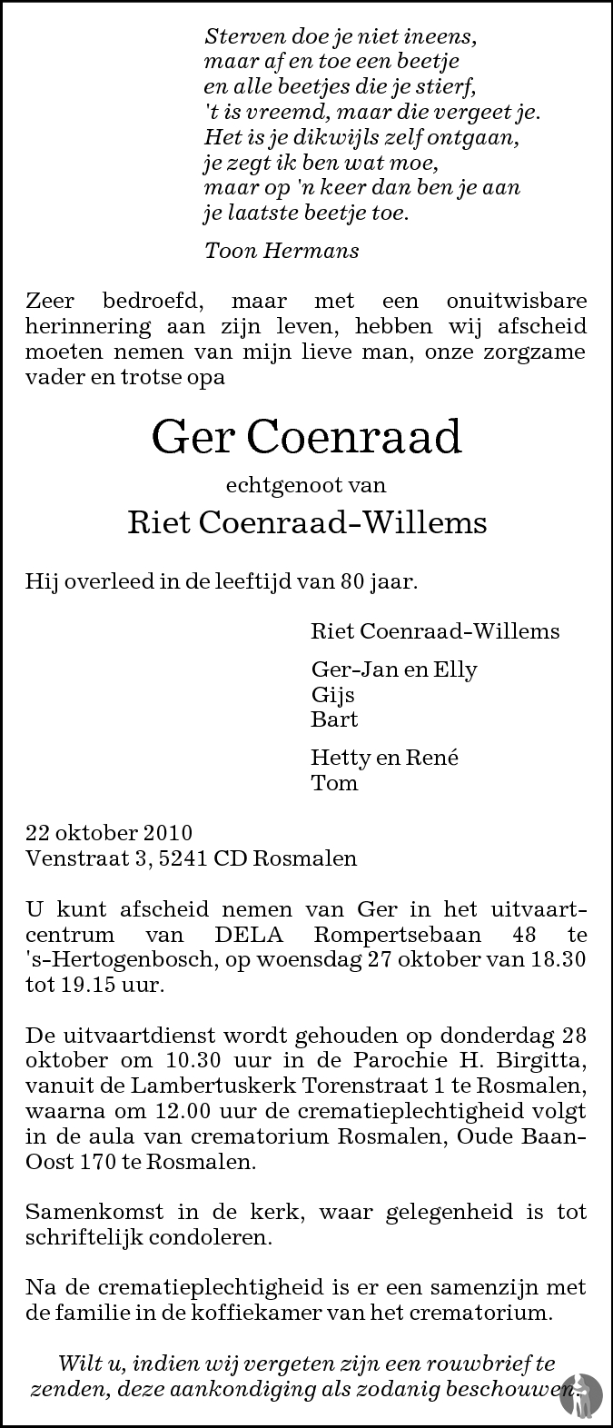 Ger Coenraad 22102010 overlijdensbericht en condoleances Mensenlinq.nl