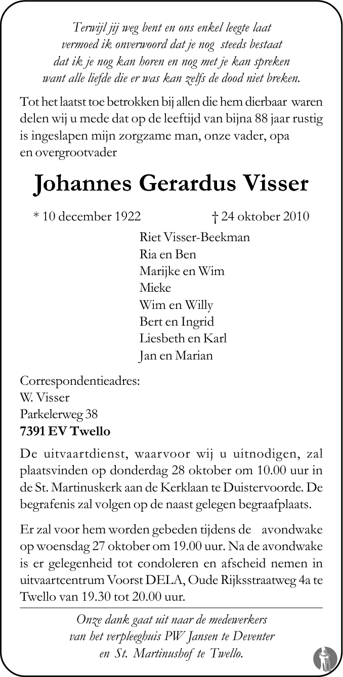 Johannes Gerardus Visser 24 10 2010 Overlijdensbericht En Condoleances Mensenlinq Nl