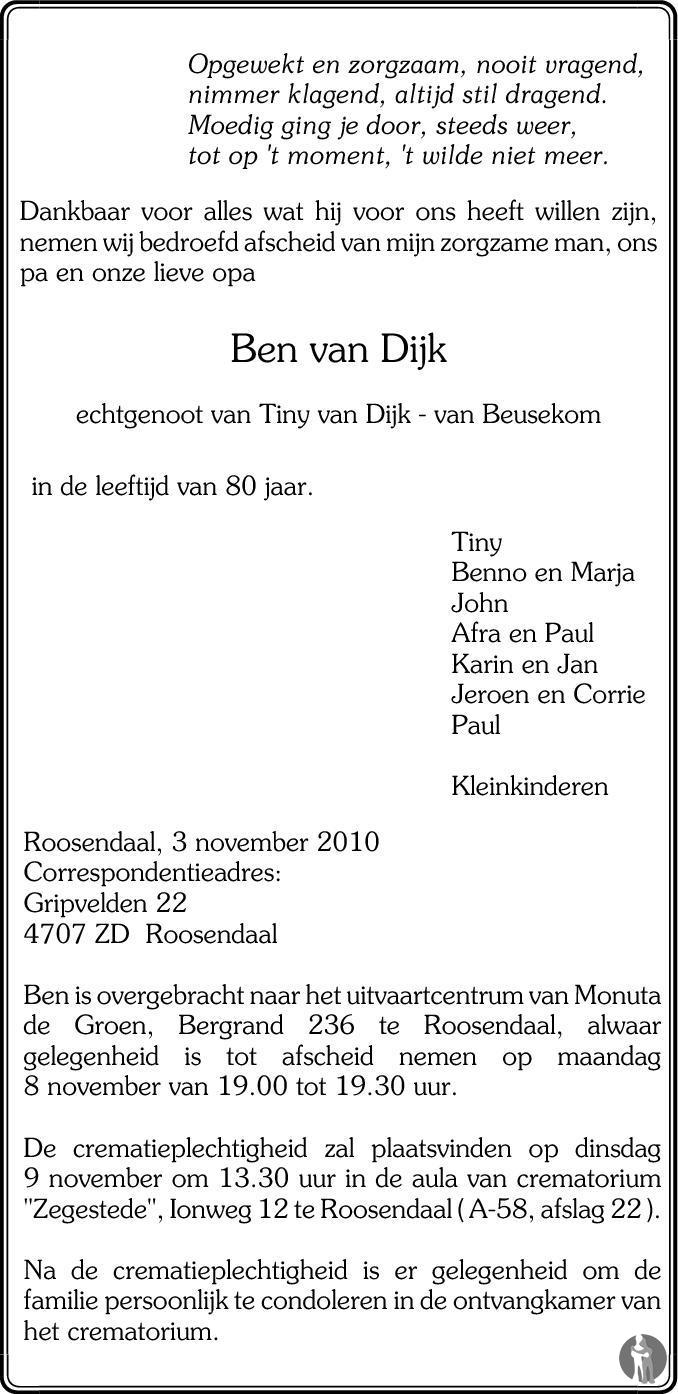 Ben van Dijk 03-11-2010 overlijdensbericht en condoleances - Mensenlinq.nl